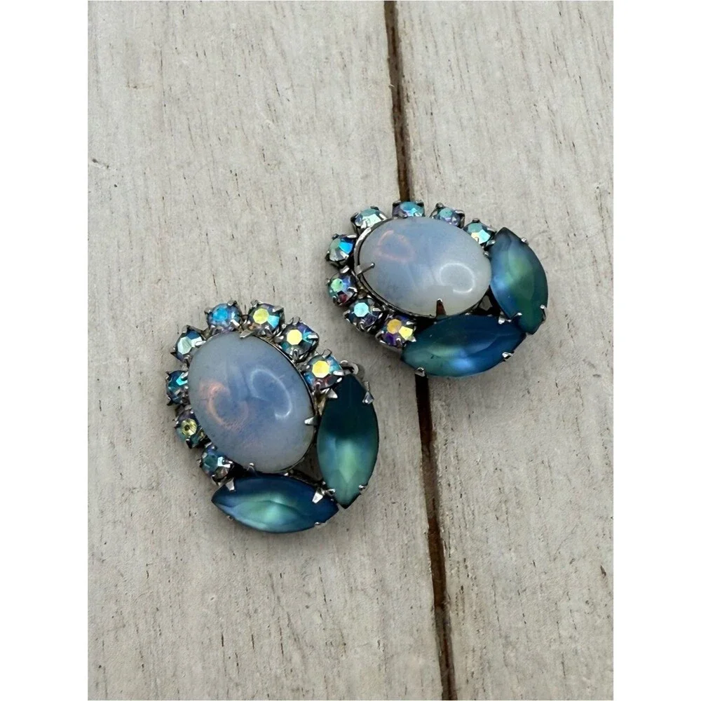Vintage 1989s Opalescent Blue-Green Crystal Clip-On Earrings